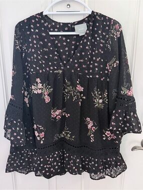 Anthropologie Maeve Steffy Blouse L | Black Pink Floral Swiss Dot